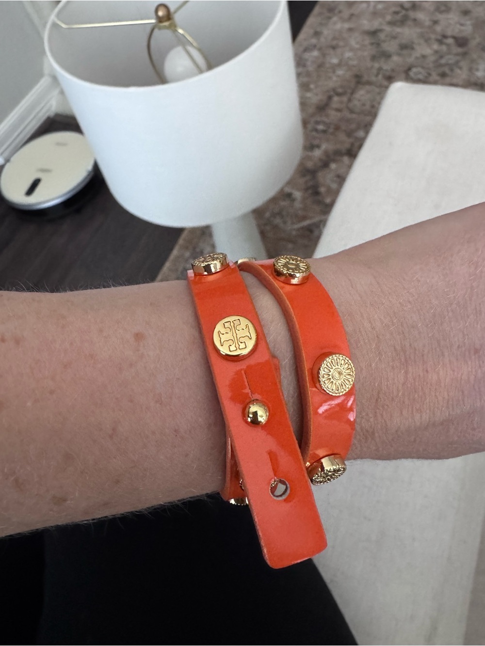 Tory Burch Orange Patent Wrap Bracelet with Gold-Tone Medallions